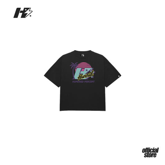 THE HUNDRED PERCENT "MIAMI PALM TREES" SHIRT "BOXY CROP"BLACK
