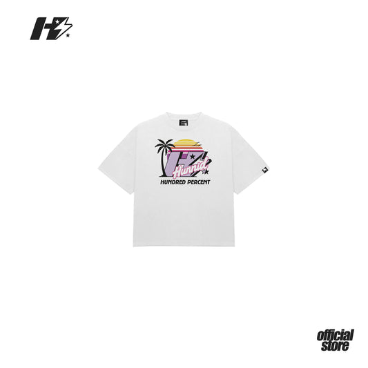 THE HUNDRED PERCENT "MIAMI PALM TREES" SHIRT "BOXY CROP"WHITE
